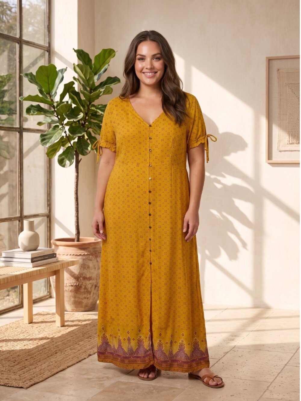 MUDD Mustard Yellow Boho Ditsy Floral Button Down Maxi Dress Tie Sleeve Large